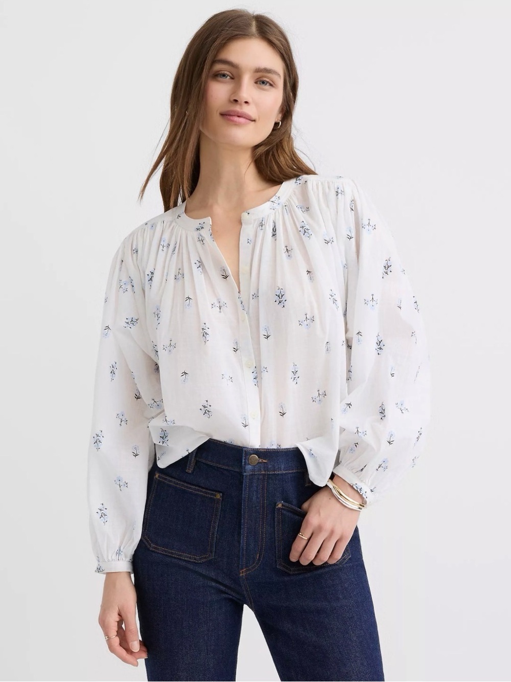White Floral Peasant Blouse - Lightweight Women's Balloon sleeve Top size medium